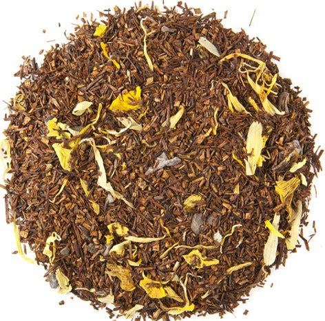 Loose leaf Cacao Beans & Rooibos tea blend featuring reddish-brown rooibos needles, chunks of cacao beans, and vibrant yellow calendula and marigold petals.
