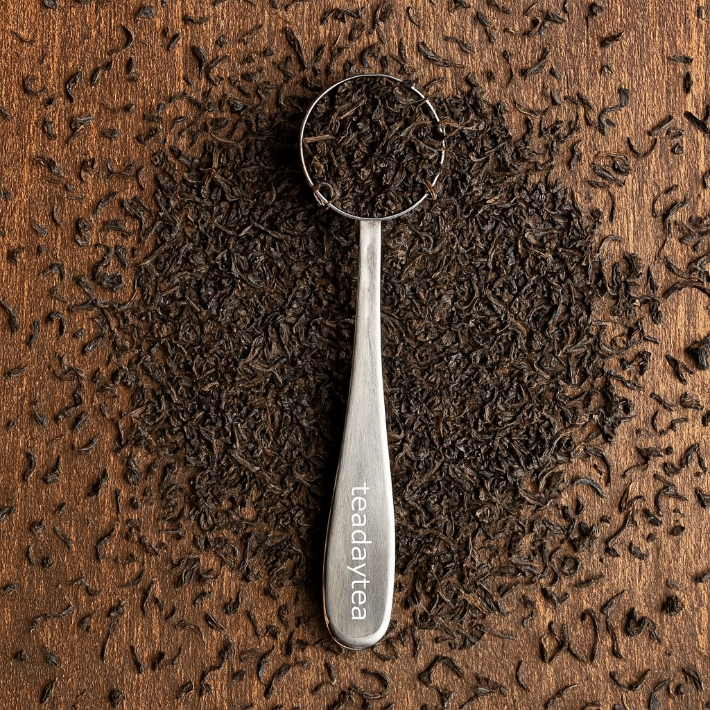 Silver tea scoop with black tea leaves on a wooden surface, featuring 'teadaytea' branding.