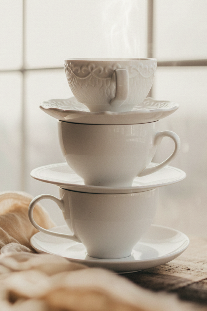Stack of white ceramic teacups and saucers on a wooden surface with a soft focus background.