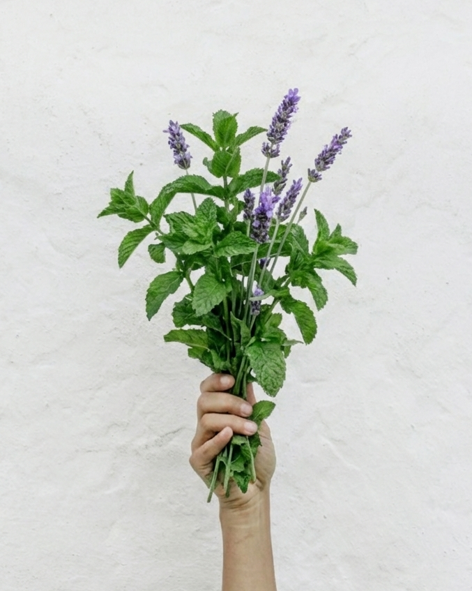 Hand holding a bouquet of lavender and peppermint against a light background