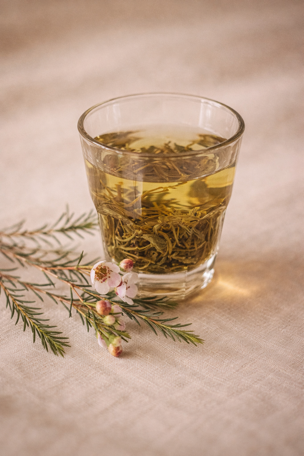 Glass of green tea with tea leaves and a small flower on a beige background