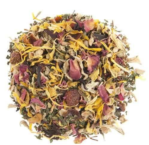 Loose leaf herbal tea with mint, ginger, hibiscus, and rose petals