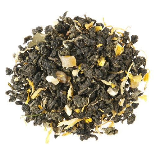 Loose leaf Juicy-Juicy Mango Oolong tea with dried mango pieces and flower petals