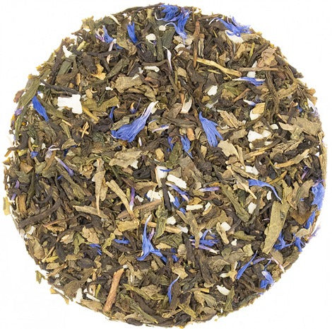 Loose green tea with coconut and blue cornflower petals