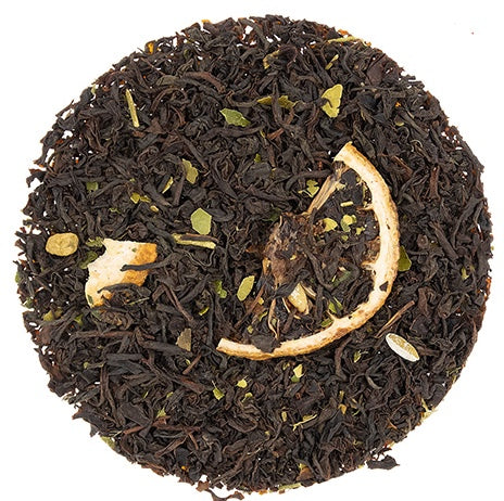 Loose black tea with citrus pieces and lime leaves