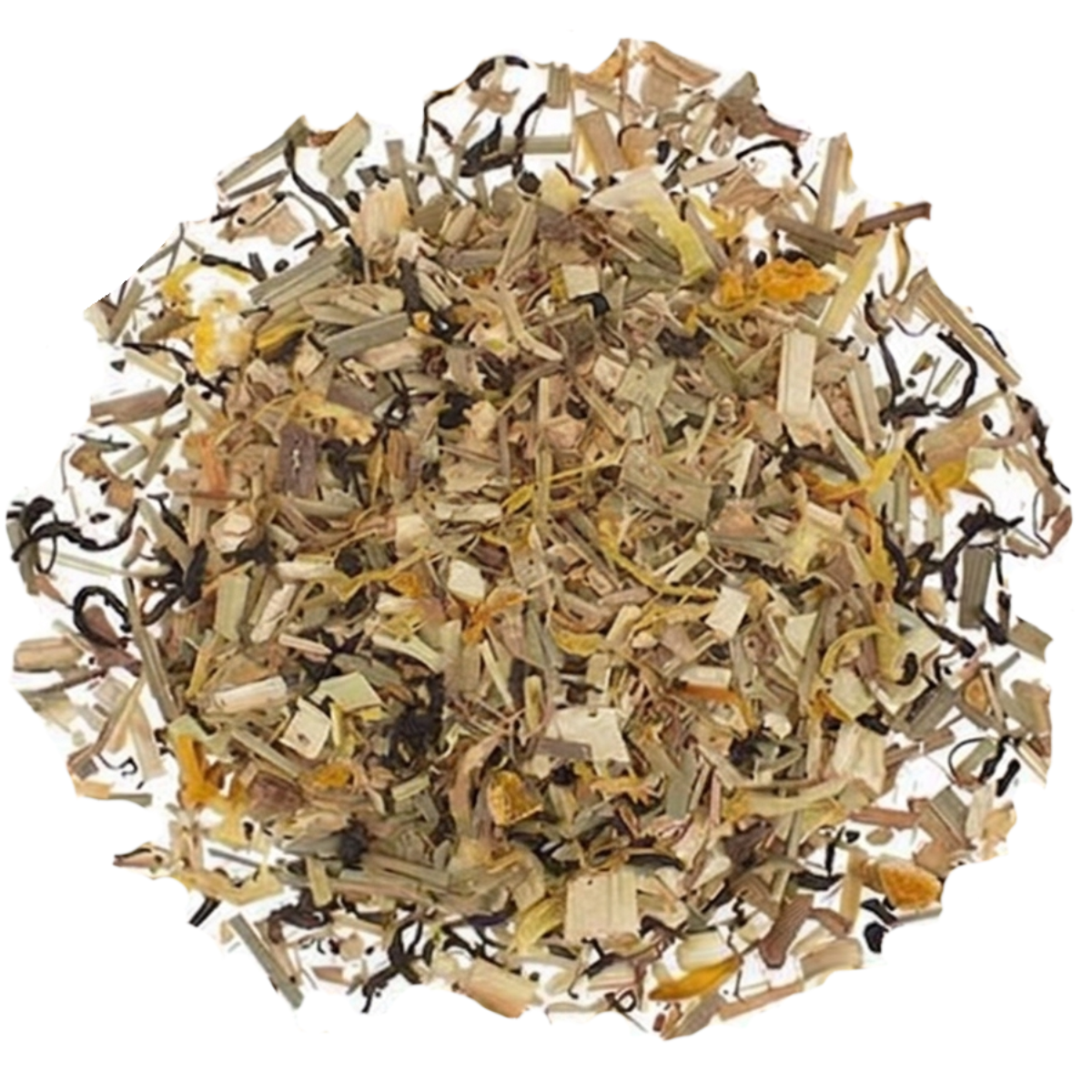 A high-quality overhead view of loose-leaf Man Tea, showing a textured blend of dried organic lemongrass, green tea leaves, eleuthero root, and orange peel.