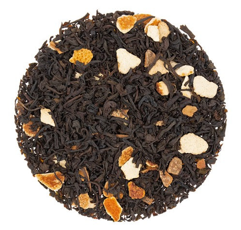 Loose leaf black tea with orange pieces and cinnamon