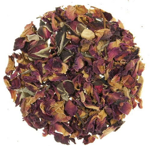 White tea with rose petals, rosebuds, and ginger pieces
