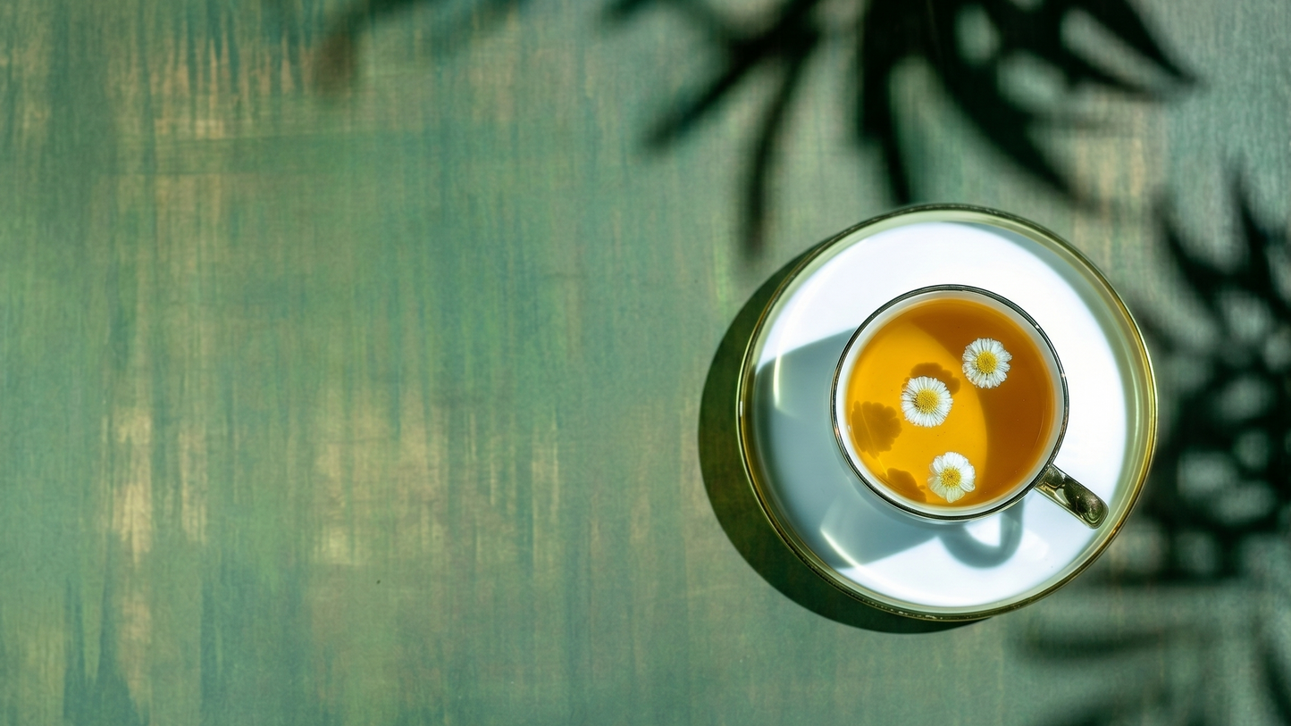Top-down view of an organic herbal tea blend with floating chamomile blossoms in a clear teacup, bathed in bright sunlight.