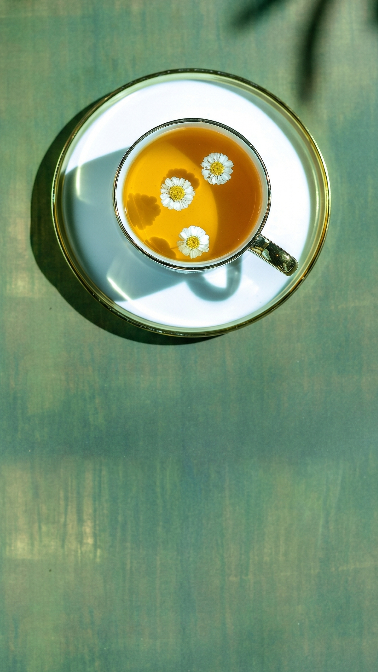 Top-down view of an organic herbal tea blend with floating chamomile blossoms in a clear teacup, bathed in bright sunlight.