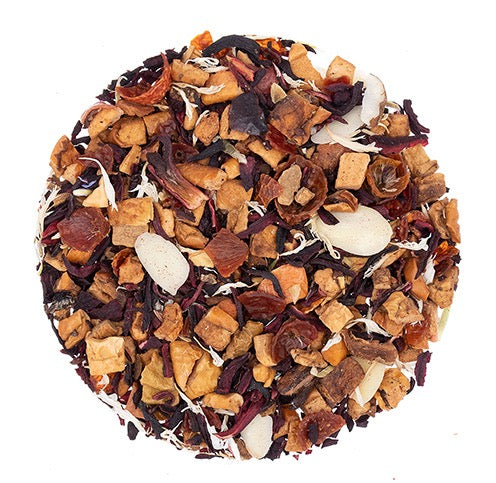 Teadaytea Almond Bear Claw premium loose-leaf herbal tea blend featuring sweet apple pieces, hibiscus, cinnamon, and sliced almonds with blue cornflower petals.