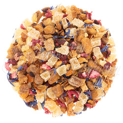 Teadaytea Banana Daiquiri premium loose-leaf herbal tea blend featuring dried banana and pineapple pieces mixed with dark black currants, tart cranberries, and vibrant blue cornflower petals.