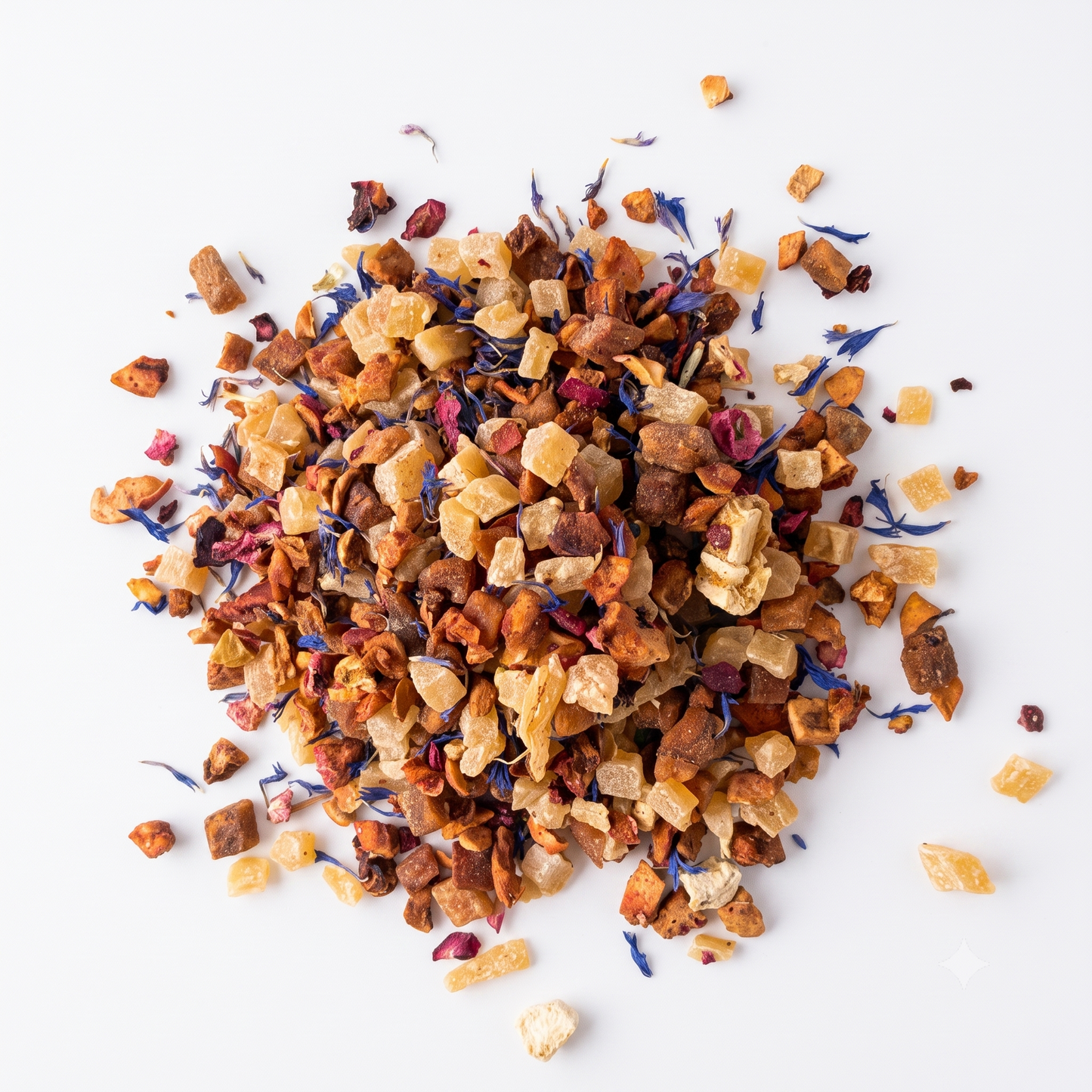Teadaytea Banana Daiquiri premium loose-leaf herbal tea blend featuring dried banana and pineapple pieces mixed with dark black currants, tart cranberries, and vibrant blue cornflower petals.