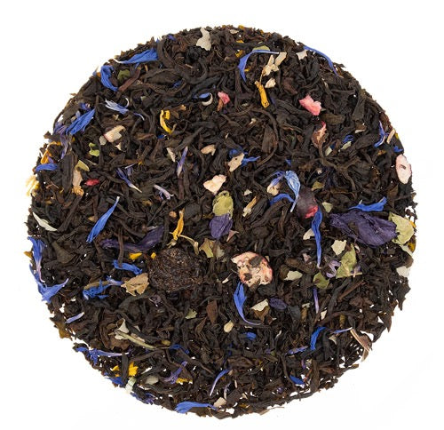 Teadaytea Black Currant premium loose-leaf black tea blend featuring dark black tea leaves mixed with dried currants, blackberry leaves, and vibrant mallow, cornflower, and marigold petals.