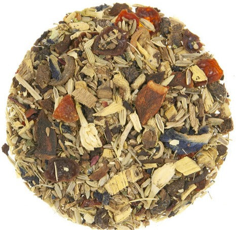 Teadaytea Blue Butterfly Digestif premium loose-leaf herbal tea blend featuring anise, licorice, and fennel seeds mixed with dried hibiscus and vibrant blue butterfly pea flowers.