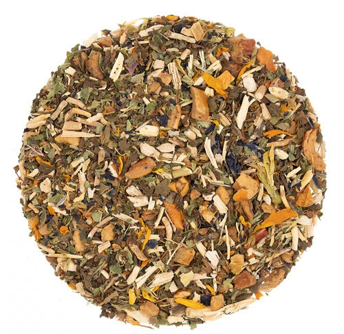 Teadaytea Blue Velvet premium organic loose-leaf herbal tea blend featuring butterfly blue pea flowers mixed with ashwagandha root, tulsi, lemon balm, and calendula petals.
