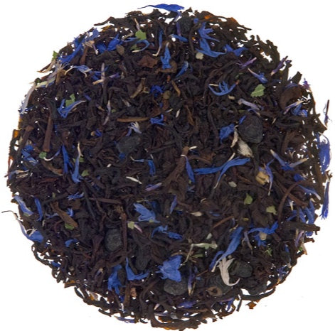 Teadaytea Blueberry Pie premium seasonal loose-leaf black tea blend featuring dark black tea leaves mixed with dried blueberries, blackberry leaves, and vibrant blue cornflower petals.