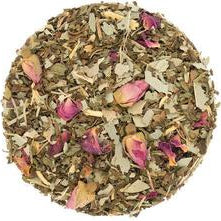 Teadaytea Breathe Easy premium loose-leaf herbal tea blend featuring a base of dried peppermint and eucalyptus leaves mixed with rosemary, licorice root, and whole pink rose buds.