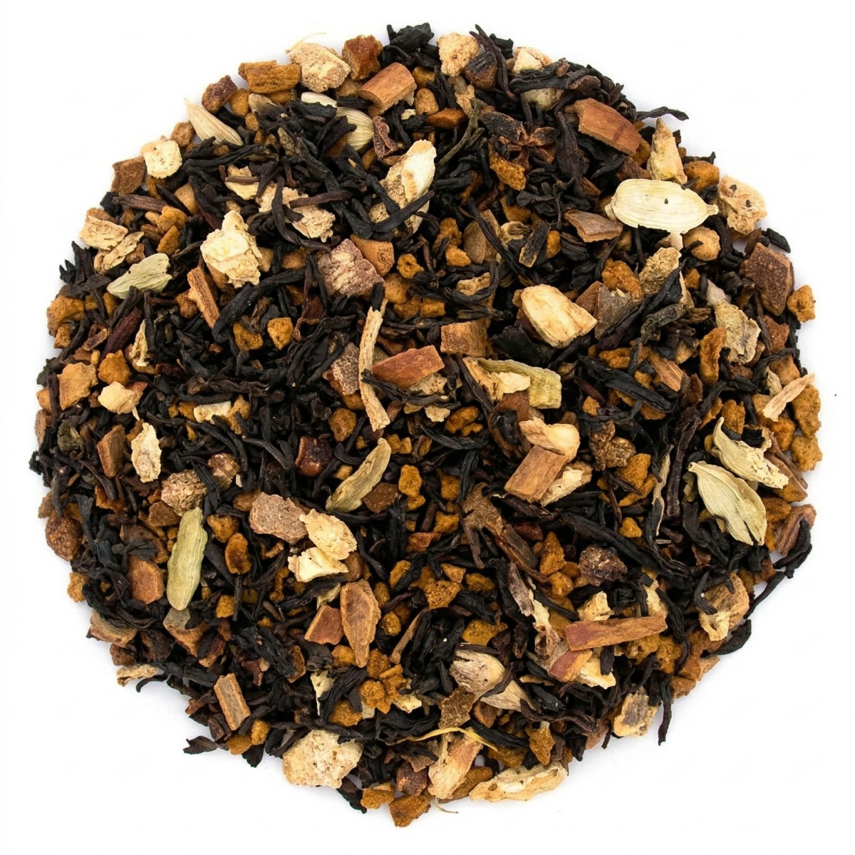 Teadaytea Chaga Vanilla Chai premium loose-leaf black tea blend featuring dark Assam tea leaves, woody chaga mushroom chunks, and warming ginger and cinnamon spices.
