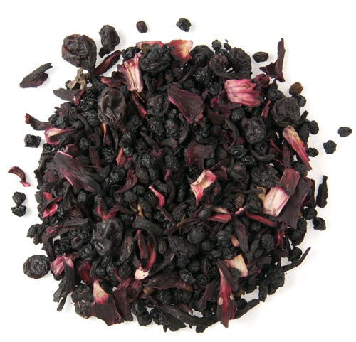 Teadaytea Elderberry Berry organic loose-leaf herbal tea blend showing deep purple elderberries, dried currants, and vibrant red hibiscus petals.