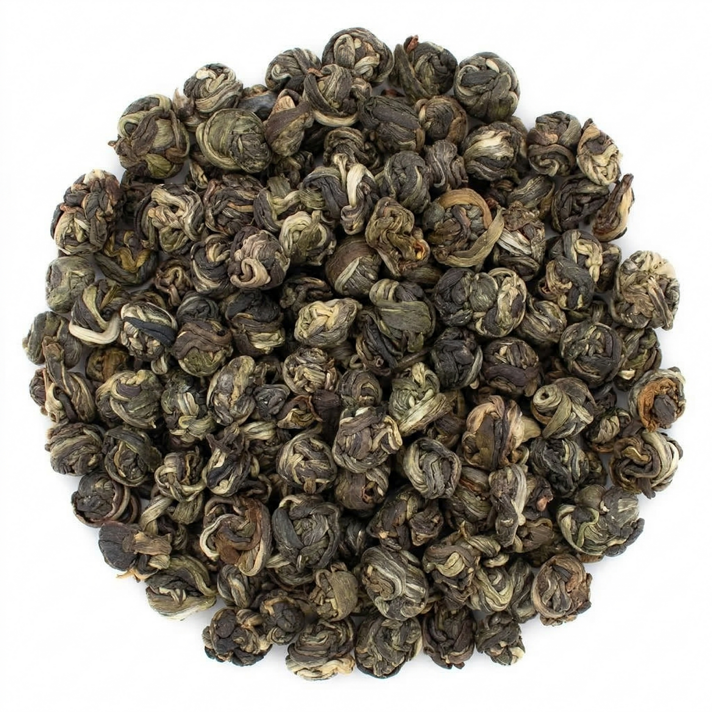 Teadaytea Empress Jasmine Pearls premium loose-leaf green tea featuring hand-rolled young tea leaves infused with fresh jasmine buds.