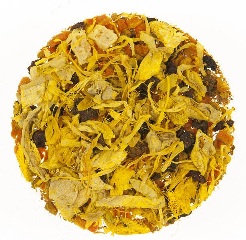 Teadaytea Golden loose-leaf herbal tea blend featuring vibrant yellow calendula petals, spicy ginger pieces, and dried turmeric root.