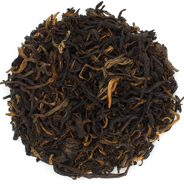 Teadaytea Golden Yunnan premium loose-leaf black tea featuring elegant wiry dark tea leaves mixed with rich golden buds.