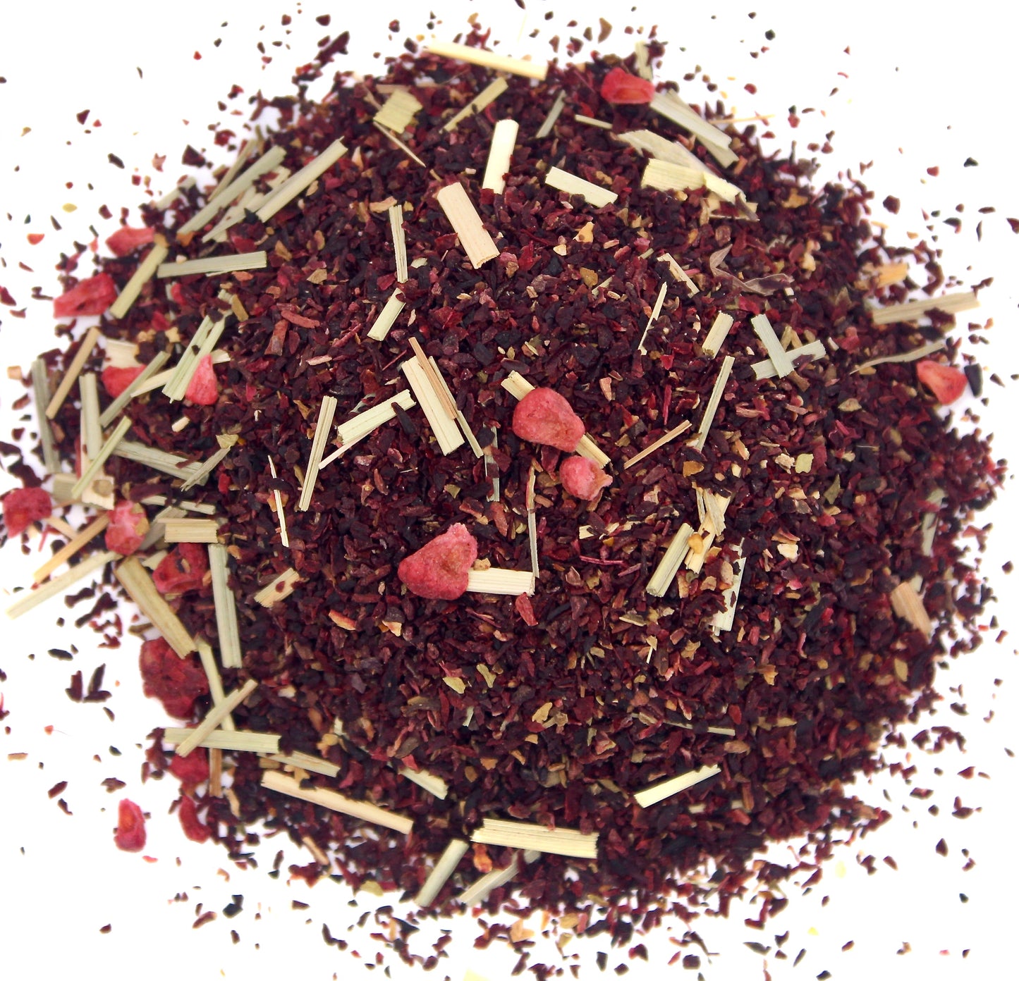 Teadaytea Hibiscus Berry premium organic loose-leaf herbal tea blend featuring deep red hibiscus petals with dried raspberry pieces and cut lemongrass stalks.