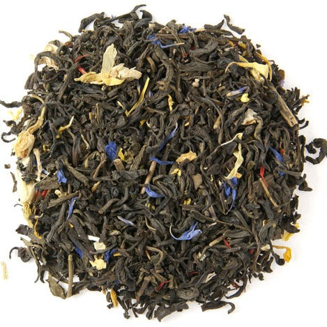 Teadaytea Jasmine Bouquet premium loose-leaf green tea blend featuring high-quality green tea leaves mixed with jasmine, osmanthus, and colorful sunflower, cornflower, safflower, and calendula petals.
