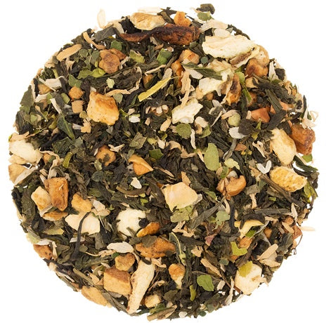 Teadaytea Key Lime Pie premium loose-leaf green tea blend featuring high-quality green tea leaves mixed with dried apple, lemon and lime pieces, lime leaves, and yellow chamomile petals.