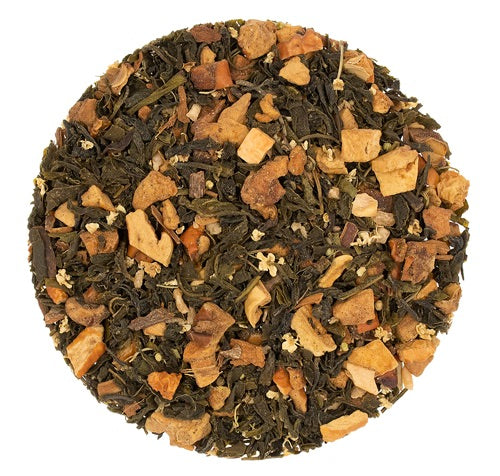 Teadaytea Maple Apple Spice premium loose-leaf green tea blend featuring high-quality green tea leaves mixed with dried apple pieces, elderflower petals, cinnamon, and nutmeg.