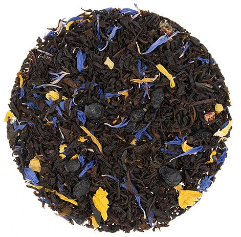 Teadaytea Maple Blueberry premium loose-leaf black tea blend featuring rich black tea leaves mixed with dried blueberries, blue cornflower, and yellow calendula petals.