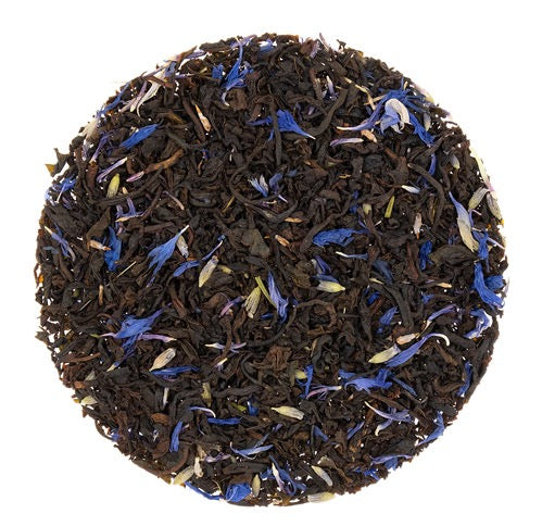 Teadaytea Marie Antoinette premium loose-leaf Earl Grey black tea blend featuring rich black tea leaves mixed with fragrant blue lavender buds and cornflower petals.