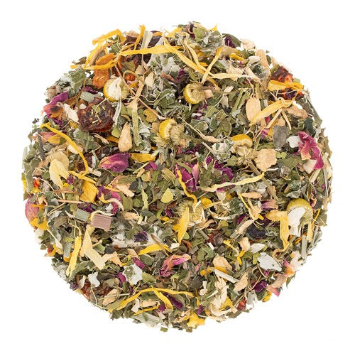 Teadaytea Monthly Serenity premium loose-leaf herbal tea blend featuring whole chamomile buds, dried pink rose petals, refreshing mint leaves, and ginger root slices.