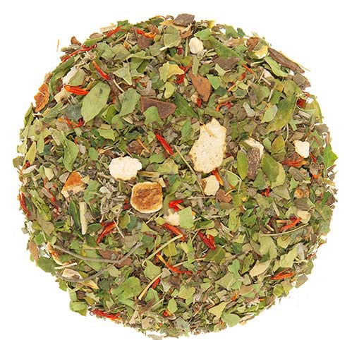 Teadaytea Moringa Magic premium loose-leaf herbal tea blend featuring vibrant green moringa and dandelion leaves mixed with dried orange pieces, cinnamon, and bright yellow safflower petals.