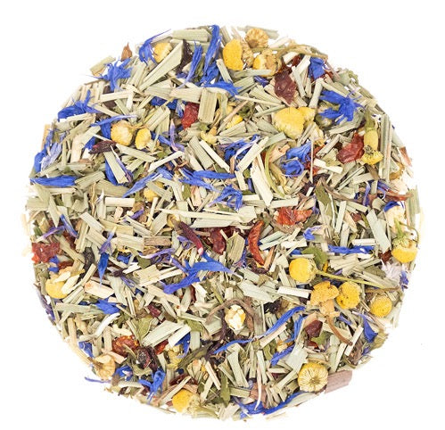 Teadaytea Night-Night Sweetie! organic loose-leaf herbal sleep tea blend featuring dried chamomile buds, green lemongrass strands, and vibrant blue cornflower petals.