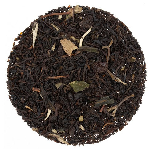 Teadaytea Ontario Icewine premium loose-leaf tea blend featuring rich black tea and delicate white tea leaves mixed with dried currants.