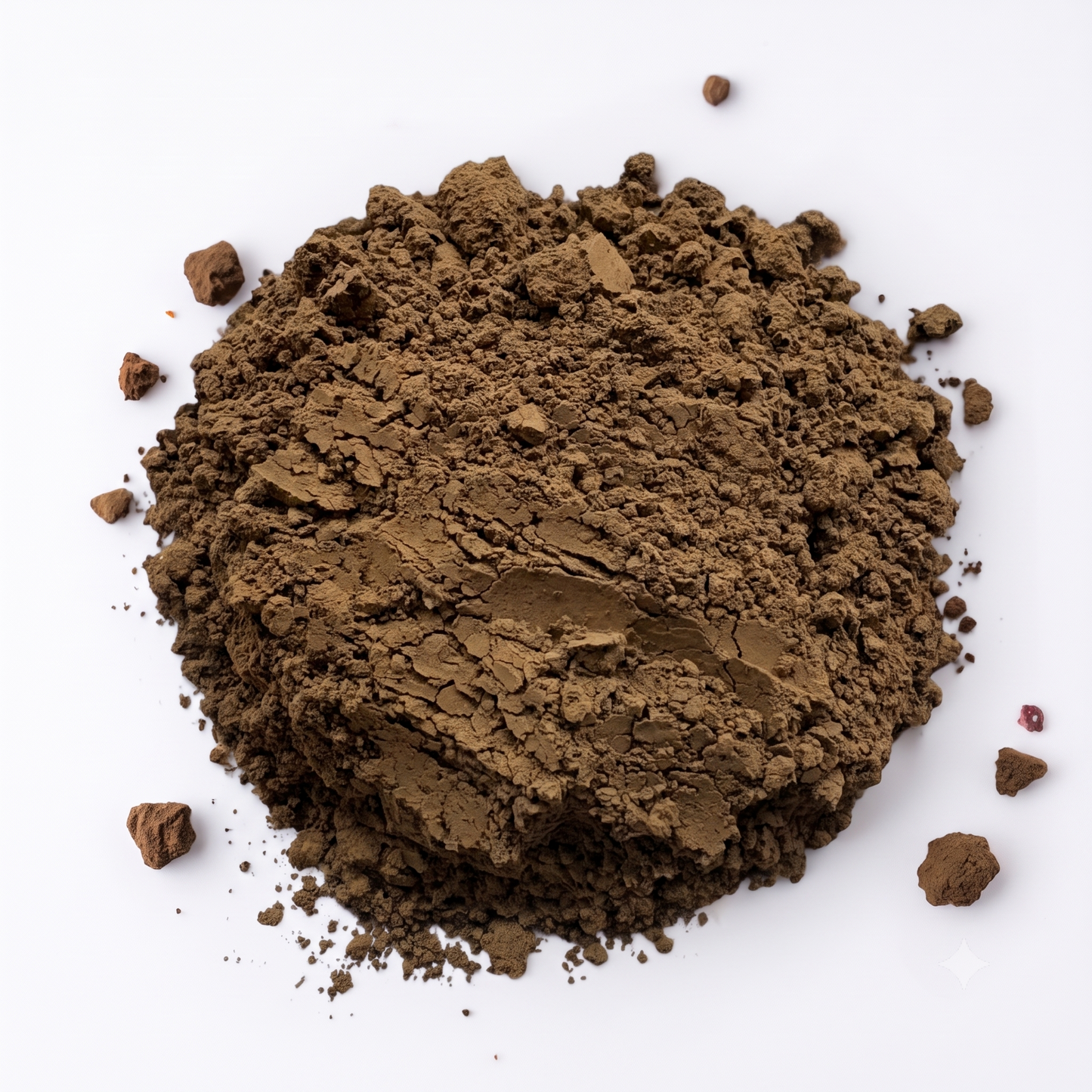 A pile of finely ground, roasted Organic Hojicha Powder displaying a rich, earthy brown color on a clean white background.