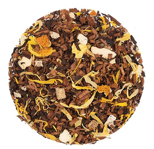 Teadaytea Peachy Honeybush premium loose-leaf herbal tea blend featuring earthy honeybush needles with sweet dried peach pieces and bright yellow marigold petals