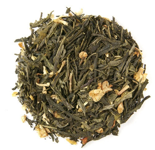 Teadaytea Peachy Keen Green loose-leaf green tea blend showing premium green tea leaves mixed with delicate jasmine petals and dried peach pieces.