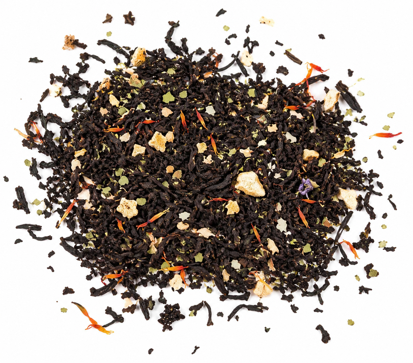 Teadaytea Pineapple & Pear Twist premium loose-leaf black tea blend featuring dark black tea leaves with dried pineapple and pear pieces, accented by colorful jasmine, mallow, and safflower petals.