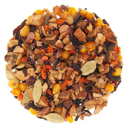 Teadaytea Pumpkin Pie premium loose-leaf herbal tea blend featuring sweet dried apple and carrot pieces, cinnamon, pomegranate peel, cardamom, and real pumpkin chunks.