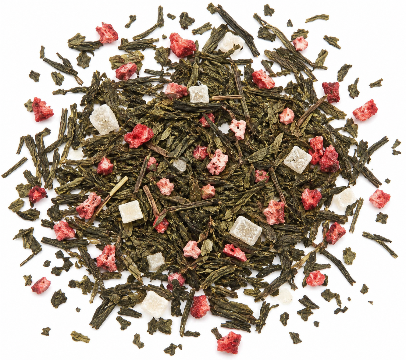 Teadaytea Strawberry Ice-Pop premium organic loose-leaf green tea blend featuring vibrant green tea leaves with dried apple and juicy strawberry pieces.
