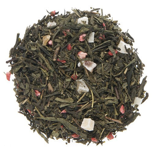 Teadaytea Strawberry & Papaya Green premium loose-leaf green tea blend featuring vibrant green tea leaves with dried strawberry pieces and tropical papaya accents.