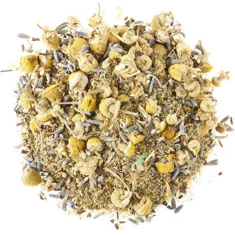 Teadaytea Tranquility premium loose-leaf herbal tea blend featuring whole chamomile buds, purple lavender petals, reddish-brown rooibos, and green peppermint leaves.