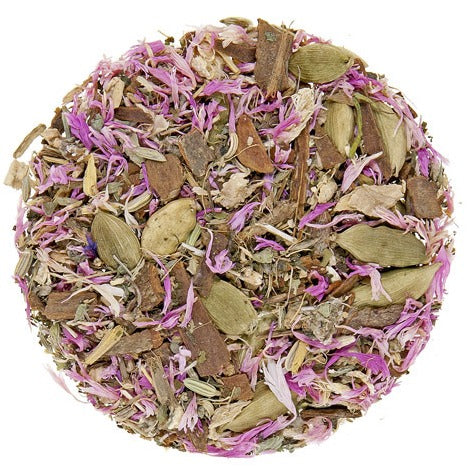 Teadaytea Tummy Tamer loose-leaf herbal digestive tea blend featuring dried ginger pieces, green peppermint leaves, and vibrant blue cornflower petals.
