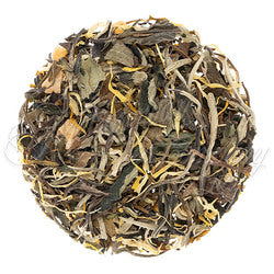 Teadaytea White Mango premium loose-leaf white tea blend featuring delicate white tea leaves mixed with dried mango pieces and yellow calendula petals.