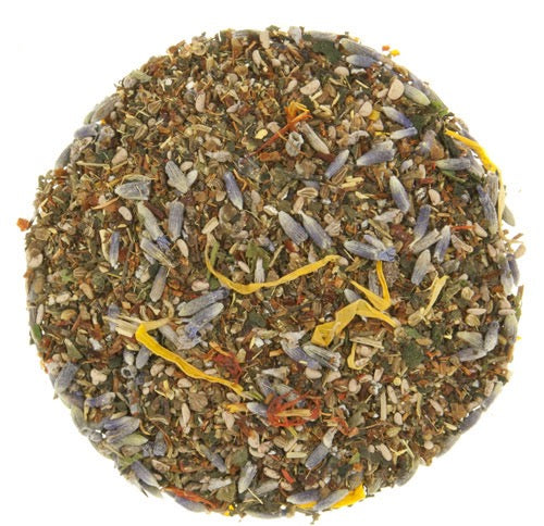 Teadaytea Zen loose-leaf herbal rooibos tea blend featuring rich reddish rooibos needles, aromatic purple lavender petals, and warming botanicals.